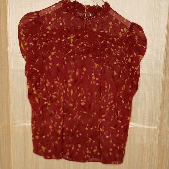Chelsea28 Womens Red Floral Sheer Blouse Small - Picture 1 of 8